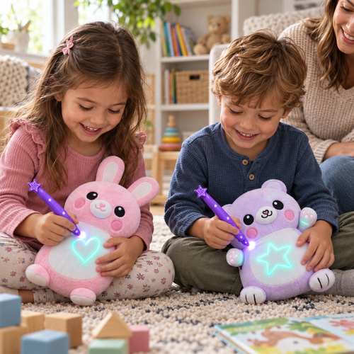 Two children drawing glowing shapes on Doodlefur plush toys with adult supervision